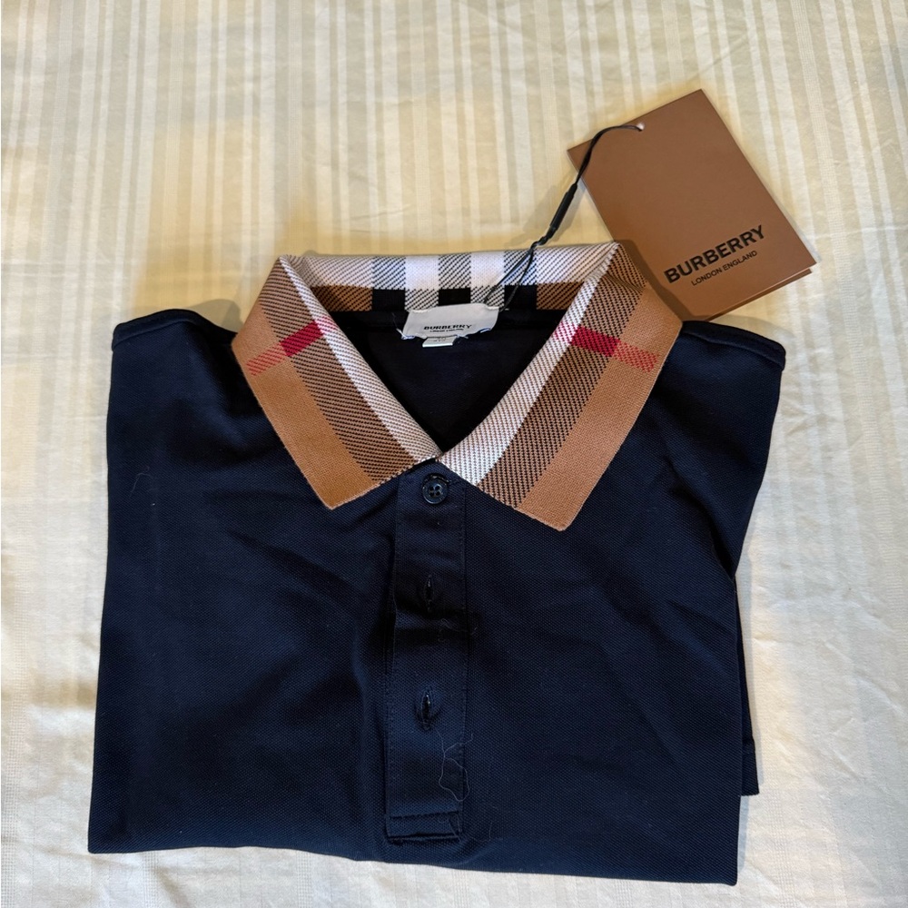 Burberry Dark Blue Polo with Tan Check Collar